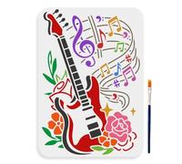 MAYJOYDIY Guitar Music Sheet Stencil, 29.7×21cm Large Music Notes Flower Stencil Reusable Electric Guitars Painting Template with Paint Brush for Wood, Furniture, Canvas, Wall, Paper Art Projects