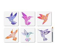 MAYJOYDIY Hummingbird Stencil Set, 6Pcs 15x15cm, Reusable Flying Bird Templates, Floral Motifs & Mandala Patterns with Paint Brush for Window Wood Wall Album Paper Decoration