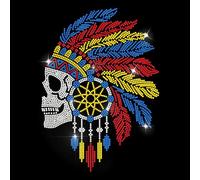 MAYJOYDIY Indian Chief Headdress Skull Rhinestone Iron on Hotfix Transfer Native American Headwear Heat Transfer Sticker Tribal Bling Clothing Applique for Shirt Bag Hat Jacket Jeans Shoes DIY Crafts