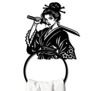MAYJOYDIY Japanese Samurai Metal Towel Ring Katana Black Hand Towel Holder Traditional Kimono Storage Hanging Ring Wall Mounted Bathroom Accessories for Bathroom Kitchen Washbasin Home Decoration