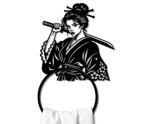 MAYJOYDIY Japanese Samurai Metal Towel Ring Katana Black Hand Towel Holder Traditional Kimono Storage Hanging Ring Wall Mounted Bathroom Accessories for Bathroom Kitchen Washbasin Home Decoration