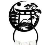 MAYJOYDIY Japanese Scenery Metal Towel Ring Round Fujisan Hand Towel Holder Torii Gate Ring Hanger Wall Mount Black Vintage Towels Wall Organizer for Kitchen Bath Home Laundry Room Decors Gifts
