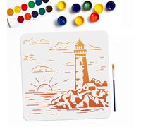 MAYJOYDIY Lighthouse Stencil Sea Ocean Nautical Stencil 11.8×11.8inch with Paint Brush Sun Cloud Coast Reef Sea Wave Pattern Reusable Painting Template for Walls Crafts Wood Canvas Paper