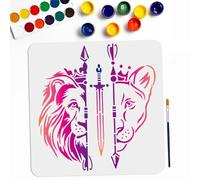 MAYJOYDIY Lion Sword Bow and Arrow Stencil 11.8×11.8inch Large Lion Head Stencil Reusable Wild Animal King Crown Arrow Drawing Template with Paint Brush for Art Crafts Canvas Furniture Wall Wood