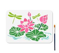 MAYJOYDIY Lotus Water Lily Stencil Set, 29.7x21cm A4 Reusable Pond Plants Painting Template with Dragonflies Includes Paint Brush for Wood Wall Window Decoration