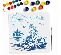 MAYJOYDIY Mermaid Sea Boat Stencils 30×30cm Large Ocean Creatures Landscape Template with Paint Brush Sailboats Reef Seagull Clouds Drawing Stencil for DIY Crafts Furniture Canvas Wall Decor