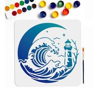 MAYJOYDIY Moon Waves Lighthouse Stencil 30×30cm Large Nautical Lighthouse Sea Waves Stencils with Paint Brush Moonlight Ocean Lighthouse Scenery Drawing Template for Craft Furniture Fabric Wall