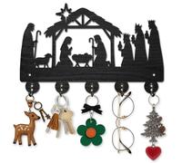 MAYJOYDIY Nativity Scene Wooden Key Holder for Wall Christmas Theme Key Hanger 30×19cm Festival Celebration Wall Mount Coat Rack with 5 Hooks for Entryway Kitchen Office Bedroom Gift