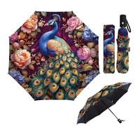 MAYJOYDIY Peacock Automatic Folding Umbrella Vintage Rose Peony Windproof Travel Umbrella 107cm Small Blossom Flower Open/Close Compact Umbrella for Women Men Rain and Sun Protection