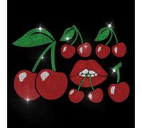 MAYJOYDIY Red Cherry Iron on Rhinestones Transfer, Red Lip Print Crystal Heat Transfer Designs, Green Leaves Fruit Bling Crystal Sticker Decals for T-Shirts, Hats, Jackets, Bags DIY Decor