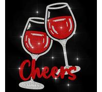MAYJOYDIY Red Wine Glass Iron on Transfers Cheers Text Glass Rhinestone Hotfix Applique Party Wine Glitter Crystal Decals for Clothing Repair T-Shirt Hat Jacket Bag DIY Decor