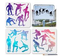MAYJOYDIY Skateboard Sports Painting Stencils, 3Pcs, 30×30cm, Skateboard Pose Stencils with Paint Brush, Reusable Skateboarder Enthusiast Drawing Template for Wood Wall Window DIY Craft
