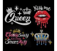 MAYJOYDIY Smart Queen Iron-on Rhinestone Decal Set, 4 Pieces, Crystal Glass, 29.7x21cm, Crown and Lip Design, Heat Transfer Patches for Shirts Bags Hats Jacket Jeans Decoration