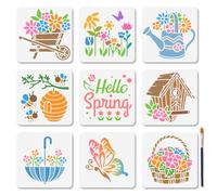 MAYJOYDIY Spring Flower Stencils for Painting, 15 x 15 cm, 9 Pieces, Flower Basket and Butterfly Templates, with Paint Brush for Wood Fabric Wall Window Paper Home Decoration