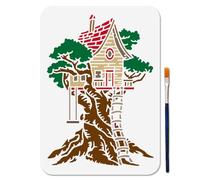 MAYJOYDIY Tree House Stencil, 29.7×21cm A4 Reusable Painting Template, Forest Hut Tree Rope Ladder Design for Window Wood Wall Decor - Includes Brush for DIY Home Craft