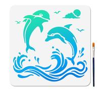MAYJOYDIY Two Dolphins Wave Stencil, Sea Seagulls Stencils, 30×30 cm, Reusable Marine Animal Craft Template with Paint Brush for Window Wood Wall Home Decoration