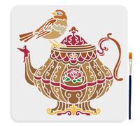 MAYJOYDIY Vintage Floral Teapot Stencil 30×30cm Pot Lid Bird Template Large Reusable Teapot Bird Plastic Stencil with Paint Brush for Painting on Wood Wall Fabric Home Decor