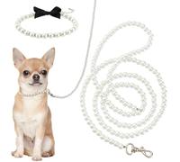 MAYJOYDIY White Pearl Necklace Collar and Beaded Leash for Dog Pet Cat Set, 12cm Beaded Pet Chew-Proof Leash Extension with Alloy Clasp for Dogs Supplies