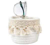 MAYJOYDIY White Tassel Cotton Rope Woven Basket Round Boho Baskets with Cotton Rope Tassel 12×12×10cm Small Cleaning Cloth Eye Glass Storage Organizer for Bedroom Nursery Livingroom Entryway