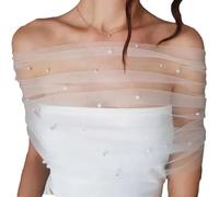MAYJOYDIY White Tulle Shawls Detachable Pearl Capes Bridal Cloak Pearls Wedding Cape Wedding Short Shawl for Bride Bridesmaid Wedding Party Clothing Accessories(Size S-92cm)
