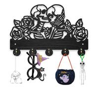 MAYJOYDIY Wood Skeleton Key Hook Wall Mounted Rose Flower Undead Key Holder for Wall 30×20cm Black Key Holder 5 Alloy Hooks Home Decor Gifts Entryway Kitchen Bathroom Storage Organizer