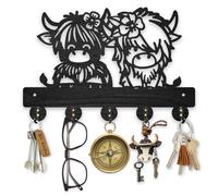 MAYJOYDIY Wooden Calf with Flower Key Holder for Wall 30x20cm Small Cows Wall Mounted Key Rack Animal Theme Coat Hat Hook 5 Alloy Hooks for Entryway Front Door Hallway Wall Art Decor