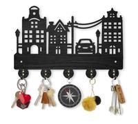 MAYJOYDIY Wooden City Building Key Holder Wall Mount Cityscape Key Hook for Wall 30×20cm Car Coat Hook Black Art Key Rack with 5 Alloy Hooks for Entryway Bedroom Living Room Home Decor