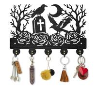 MAYJOYDIY Wooden Crows Key Holder Tombstone Roses Key Hanger for Wall 11.8×7.9 Inch Moon Tree Decorative Wall Mount Coat Rack with 5 Alloy Hooks for Entryway Kitchen Office Bedroom Gift