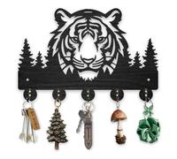 MAYJOYDIY Wooden Forest Tiger Wall Mounted Key Holder Art Decor 5 Alloy Hooks 11.8x7.8inches Black Tiger Head Key Holder Animal Tree Hooks for Hallway Office Home Decor Bag Towel Hanging