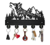 MAYJOYDIY Wooden Forest Wolf Key Hook Wall Mounted Nature Animal Design Key Hangers 30×20cm Black Art Coat Rack with 5 Alloy Hooks for Entryway Bedroom Living Room