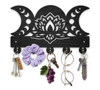 MAYJOYDIY Wooden Triple Moon Key Holder for Wall 30x18.6cm Lotus Moon Phases Wall Mounted Key Rack Magic Theme Coat Hat Hook 5 Alloy Hooks for Entryway Front Door Hallway Wall Art Decor