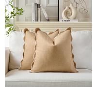 Mayler Yee Scalloped Throw Pillow Covers Set of 2 for Living Room, Cotton & Linen, Boho Sytle Decorative Home. Fabric Feels a Little Stiff, Because Scalloped Edges Require (Khaki & White, 18x18 Inch)