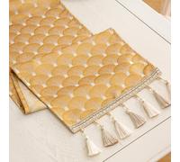 Mayler Yee Table Runner, Vintage Luxury Embroidered Floral Jacquard Damask Fabric with Multi-Tassels for Living Room Dresser Scarfs (Gold, 13x48inch)