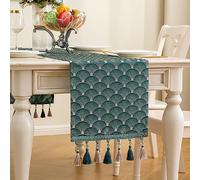 Mayler Yee Table Runner, Vintage Luxury Embroidered Floral Jacquard Damask Fabric with Multi-Tassels for Living Room Dresser Scarfs (Teal, 13x90 Inch)