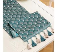 Mayler Yee Table Runner, Vintage Luxury Embroidered Floral Jacquard Damask Fabric with Multi-Tassels for Living Room Dresser Scarfs (Teal, 13x48inch)