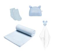 MayLily Gift Set - Bamboo Blanket - Rattle & Chew Bone - First (Light Blue, XL)