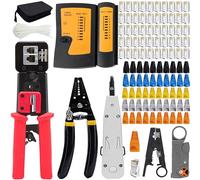 MAYLINE Crimp Tool Set for RJ45/RJ11/RJ12, Crimper Cat5/Cat6 Network Pass Through Crimping Cutter, Ethernet Wire Stripper Kit, 50PCS Connectors&50PCS Covers, Professional LAN Cable Tester(Red)