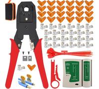 MAYLINE-TECH Red Network Tool Kit - Cat5e/Cat6 Cable Tester & Crimper, Wire Stripper & Cutter, RJ45 Crimp Tool, 10x RJ45 Crystal Head, 10x Protective Sleeve