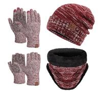 Maylisacc 4Pcs Winter Beanie Hat Thermal Snood Scarf and Knitted Touchscreen Gloves & Fingerless Gloves Cold Weather Accessories for Women Men Red