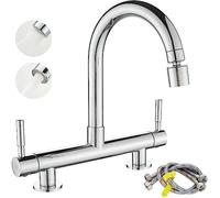 Maynosi 2 Hole Kitchen Sink Mixer Tap, Bridge Kitchen Mixer Taps, Dual Levers Faucet with 2 Function Sprayer, 360° Swivel Spout, 180 mm Centers Deck Mounted, Include UK Standard Tails, Brass, Chrome