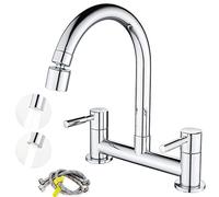 Maynosi Kitchen Sink Mixer Tap, Kitchen Bridge Mixer Taps 2 Hole, 180 mm Centers Deck Mounted Faucets, Twin Levers Faucet with 2 Function Aerator, 1/4 Turn, 360° Swivel Spout, Brass, Chrome Plated