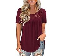 Mayntop Womens Summer Tops Short Sleeve Lace Collared Milk Fiber Plain Solid Colour Pleated Loose O-Neck Tee T-Shirt Blouse(A Wine,XL(12))