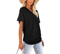 Mayntop Womens Summer Tops Short Sleeve Plain Solid Side Pleated Loose V-Neck Tee T-Shirt Blouse(A Black,XL(14))
