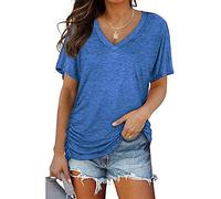 Mayntop Womens Summer Tops Short Sleeve Plain Solid Side Pleated Loose V-Neck Tee T-Shirt Blouse(A Blue,L(12))
