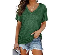 Mayntop Womens Summer Tops Short Sleeve Plain Solid Side Pleated Loose V-Neck Tee T-Shirt Blouse(A Dark Green,L(12))