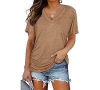 Mayntop Womens Summer Tops Short Sleeve Plain Solid Side Pleated Loose V-Neck Tee T-Shirt Blouse(A Khaki,L(12))
