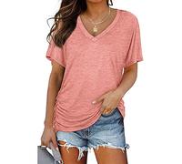 Mayntop Womens Summer Tops Short Sleeve Plain Solid Side Pleated Loose V-Neck Tee T-Shirt Blouse(A Pink,XL(14))