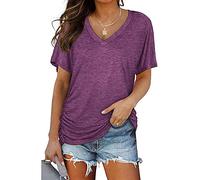 Mayntop Womens Summer Tops Short Sleeve Plain Solid Side Pleated Loose V-Neck Tee T-Shirt Blouse(A Purple,2XL(16))