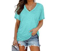 Mayntop Womens Summer Tops Short Sleeve Plain Solid Side Pleated Loose V-Neck Tee T-Shirt Blouse(A Turquoise,2XL(16))