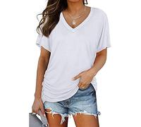 Mayntop Womens Summer Tops Short Sleeve Plain Solid Side Pleated Loose V-Neck Tee T-Shirt Blouse(A White,2XL(16))